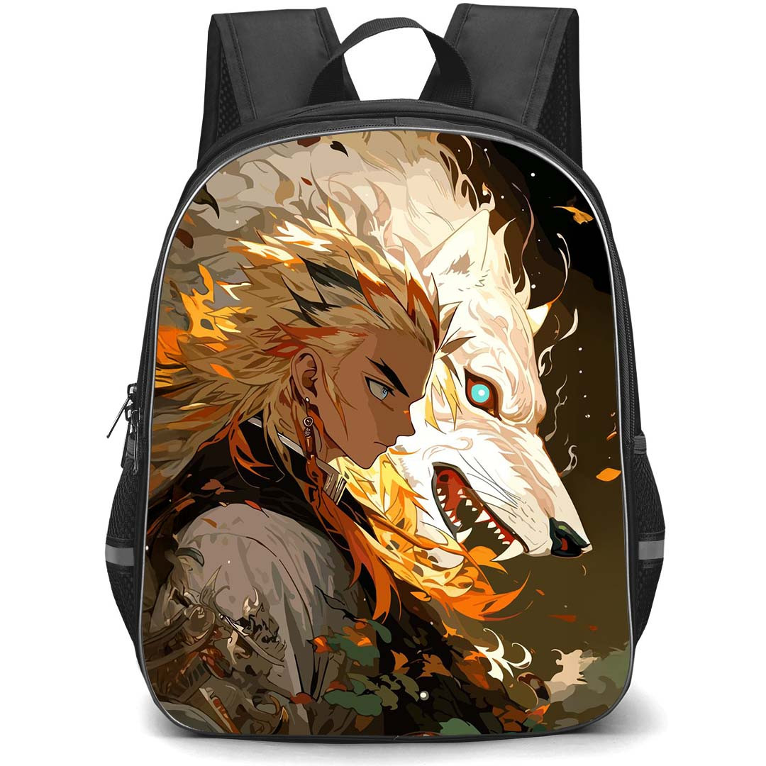 Demon Slayer Kyojuro Rengoku Backpack StudentPack - Kyojuro Rengoku White Wolf Background