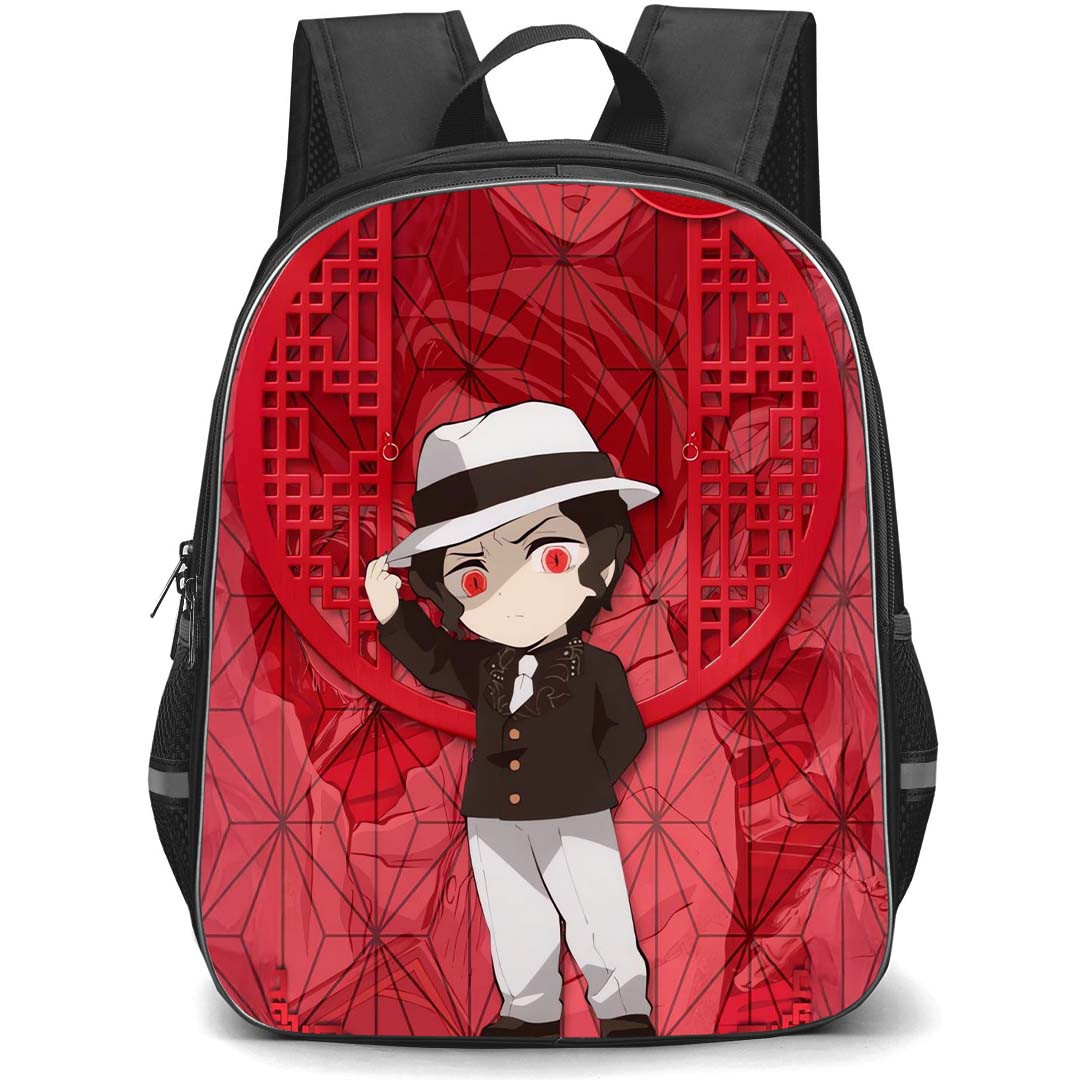 Demon Slayer Muichiro Tokito Backpack StudentPack - Muzan Kibutsuji Chibi Art Red Abstract Background