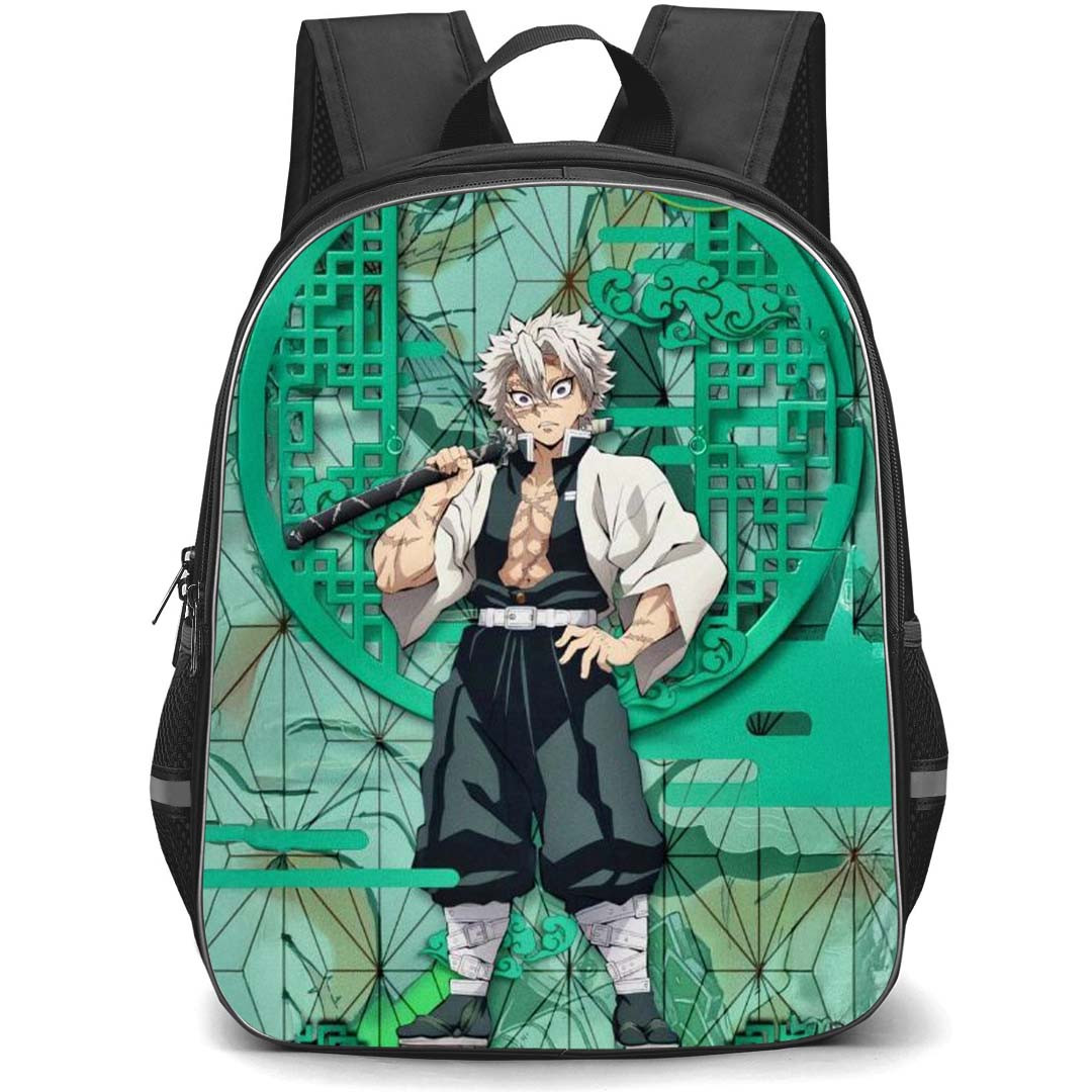 Demon Slayer Sanemi Shinazugawa Backpack StudentPack - Sanemi Shinazugawa Standing Green Abstract Background