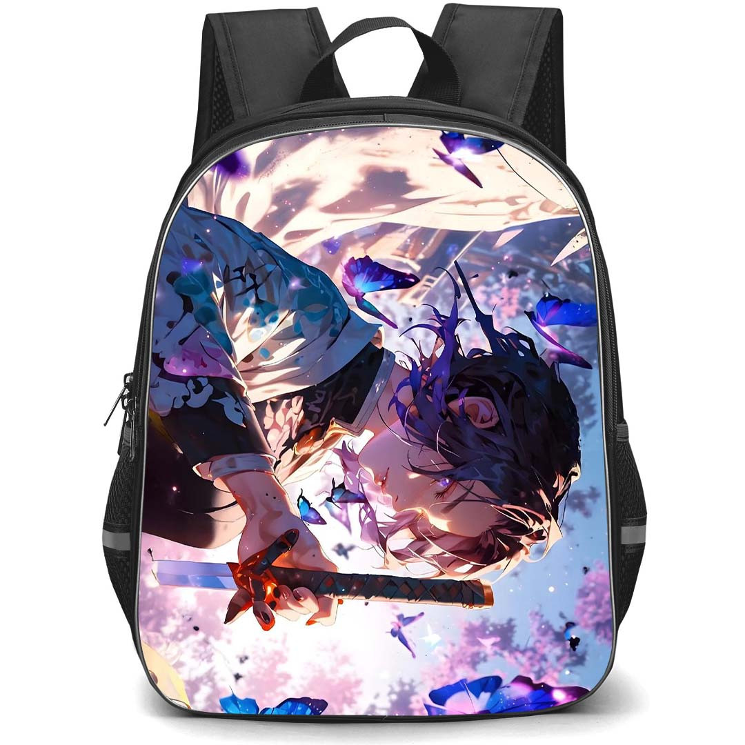 Demon Slayer Shinobu Kocho Backpack StudentPack - Shinobu Kocho Drawing Sword Flying Butterflies White Background