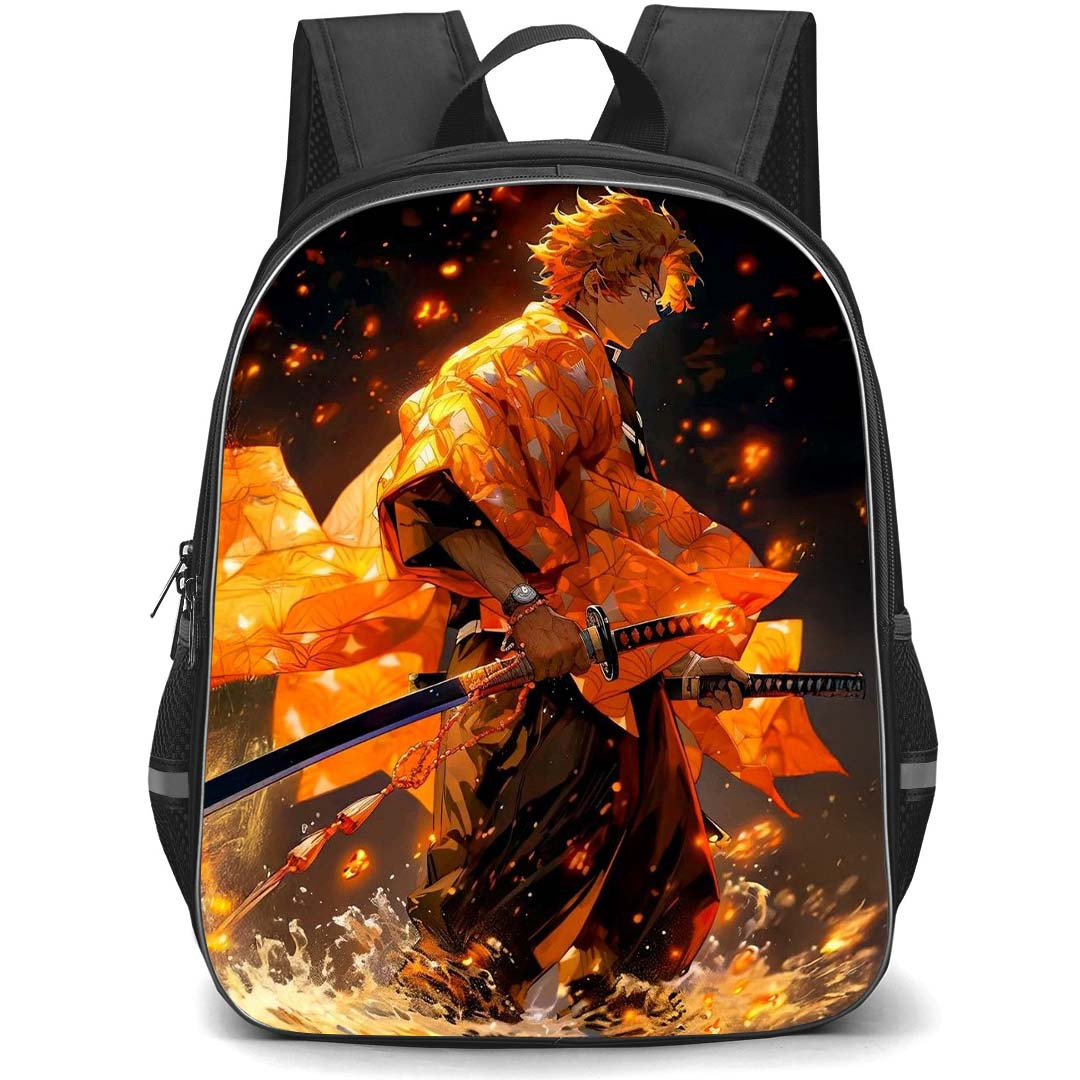 Demon Slayer Zenitsu Agatsuma Backpack StudentPack - Zenitsu Agatsuma Standing Side Portrait In Flames