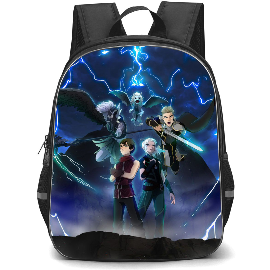 The Dragon Prince Mystery of Aaravos Backpack StudentPack - Characters Fighting Thunder Background