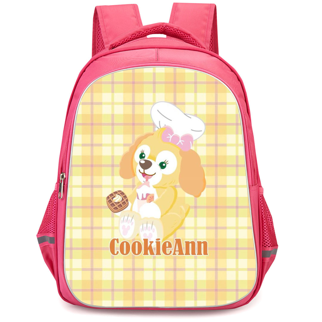 Duffy And Friends CookieAnn Backpack StudentPack - CookieAnn Siting And Holding Cookie On Yellow Checkered Background