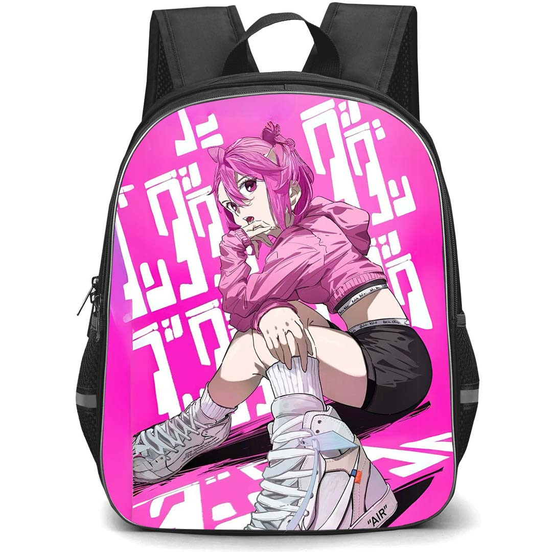 Dandadan Aira Shiratori Backpack StudentPack - Aira Shiratori Sitting Pink Background