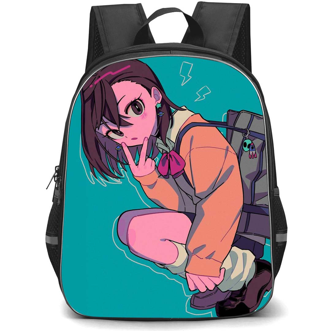 Dandadan Momo Ayase Backpack StudentPack - Momo Ayase Showing Peace Sign On Cyan Background