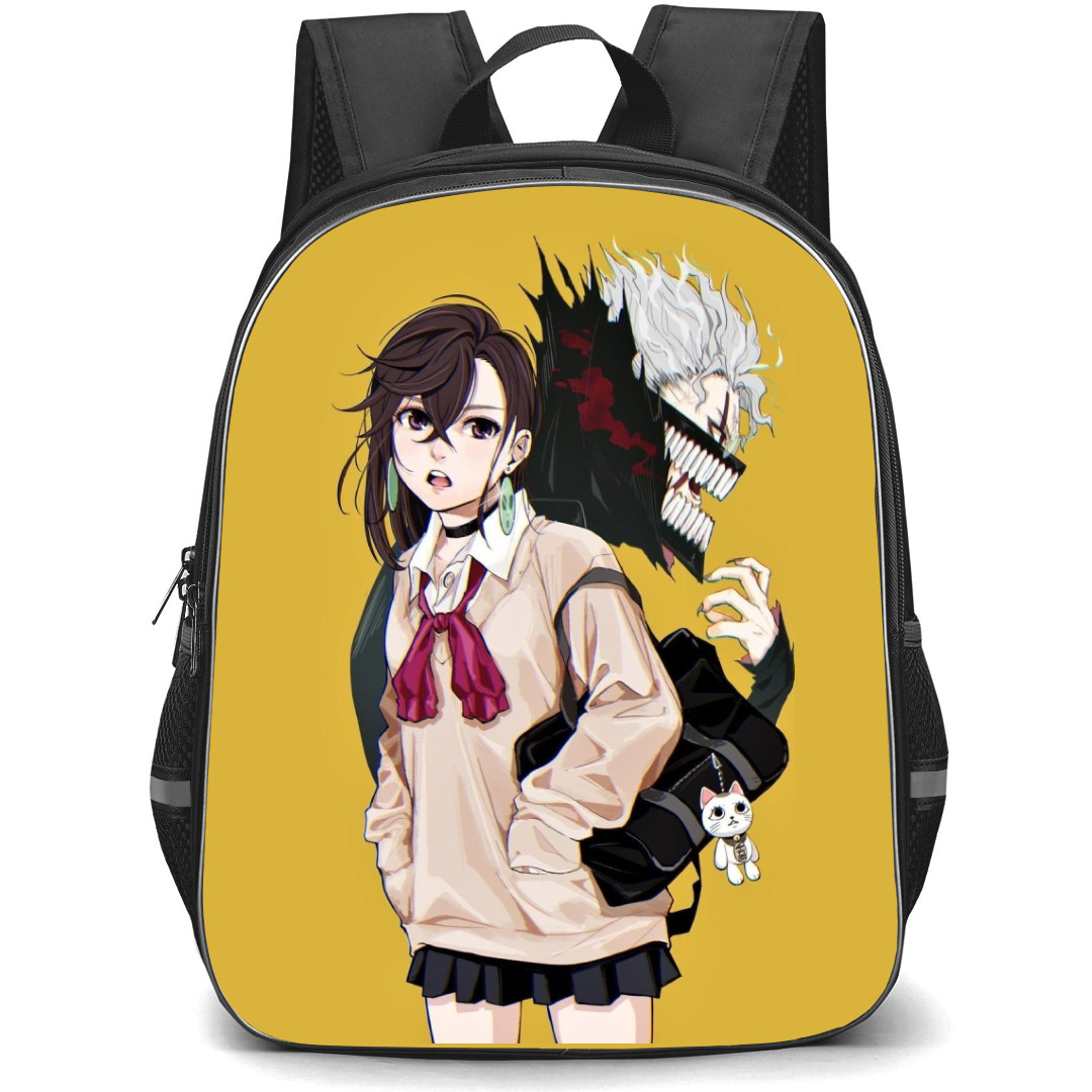 Dandadan Momo Ayase Backpack StudentPack - Dandadan Ayase Momo and Jin Enjoji Back To Back Pose Yellow Background
