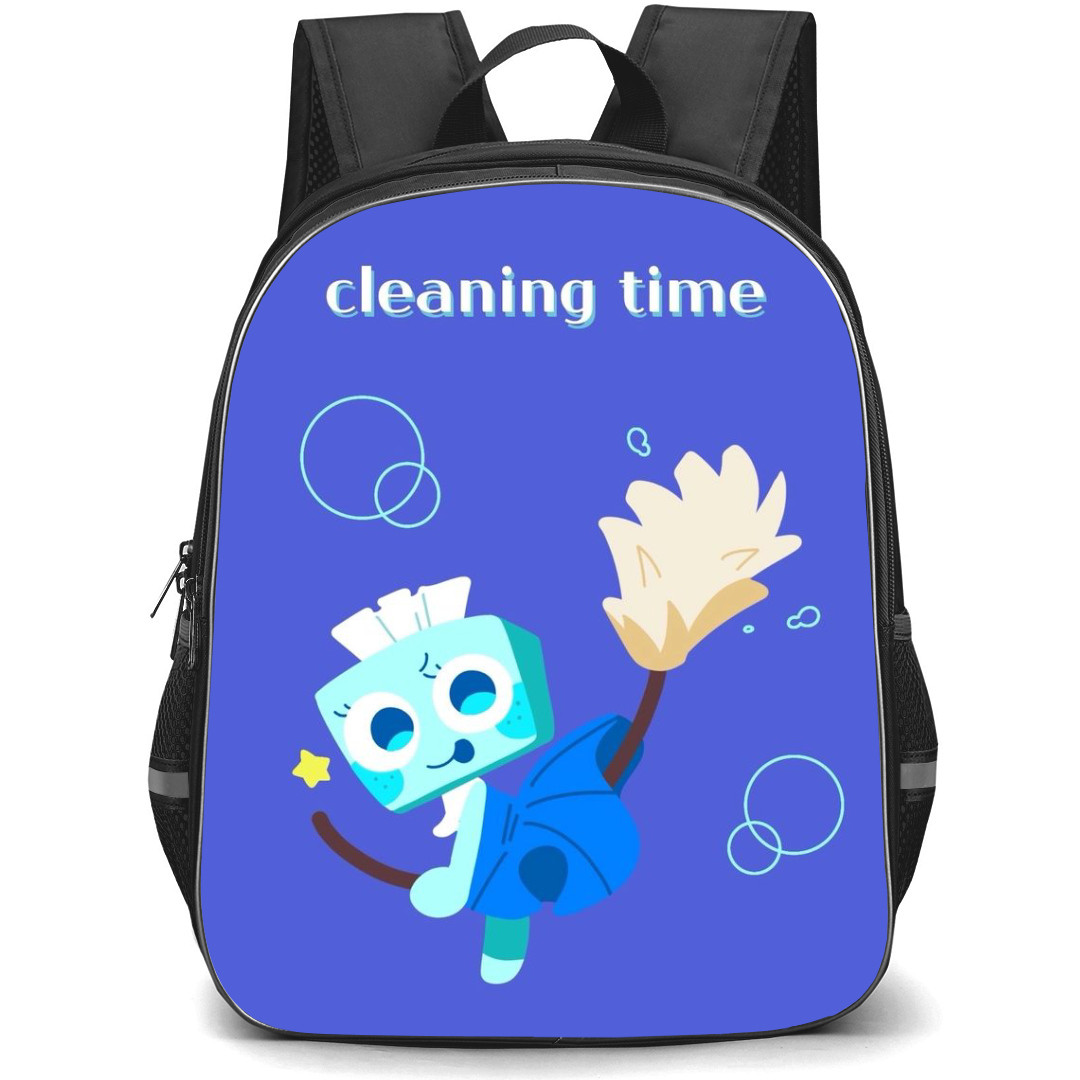 Dandys World Tisha Backpack StudentPack - Tisha Cleaning Time Illustration Art On Blue Background