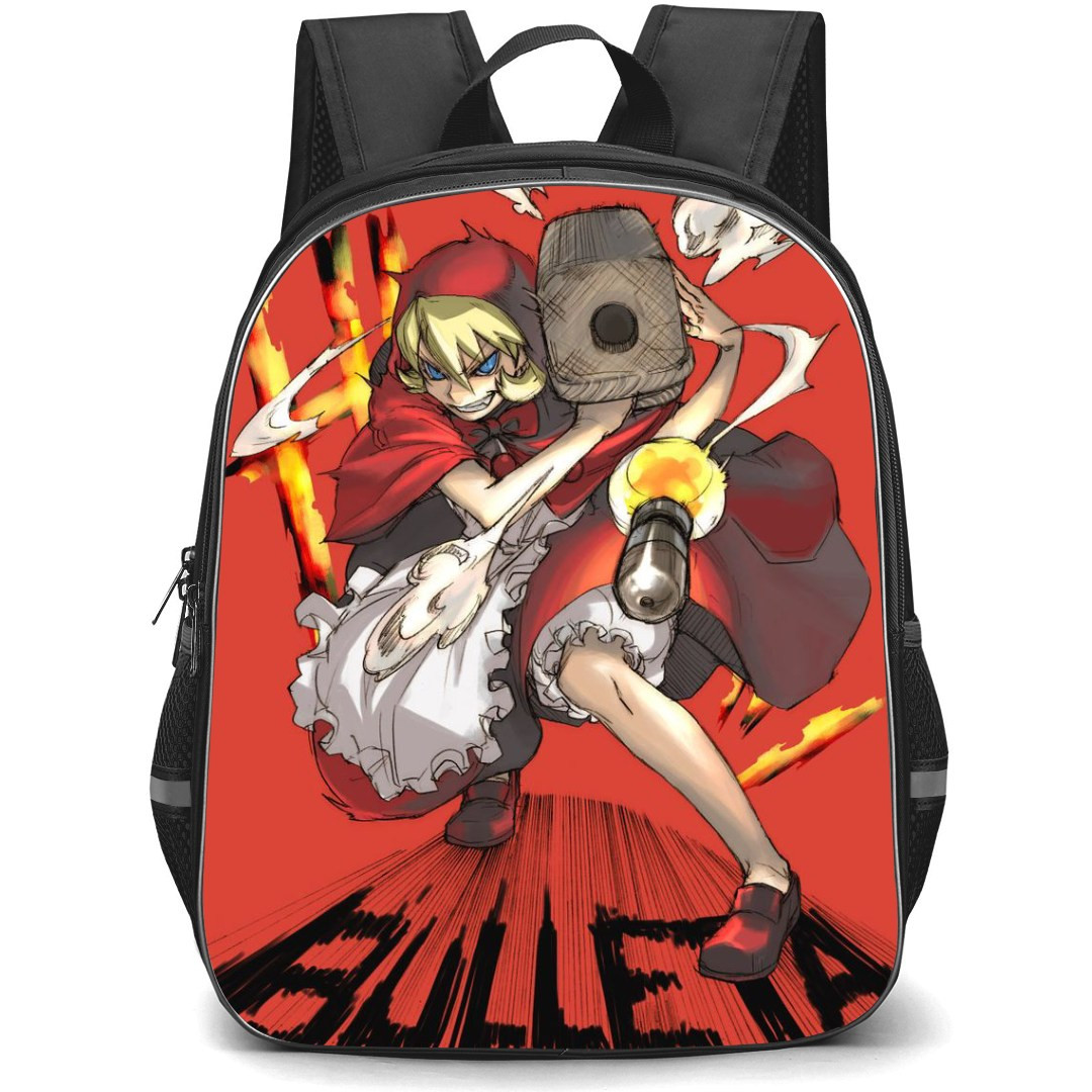 Darkstalkers Baby Bonnie Hood Backpack StudentPack - Baby Bonnie Hood Running with a Gun Red Background