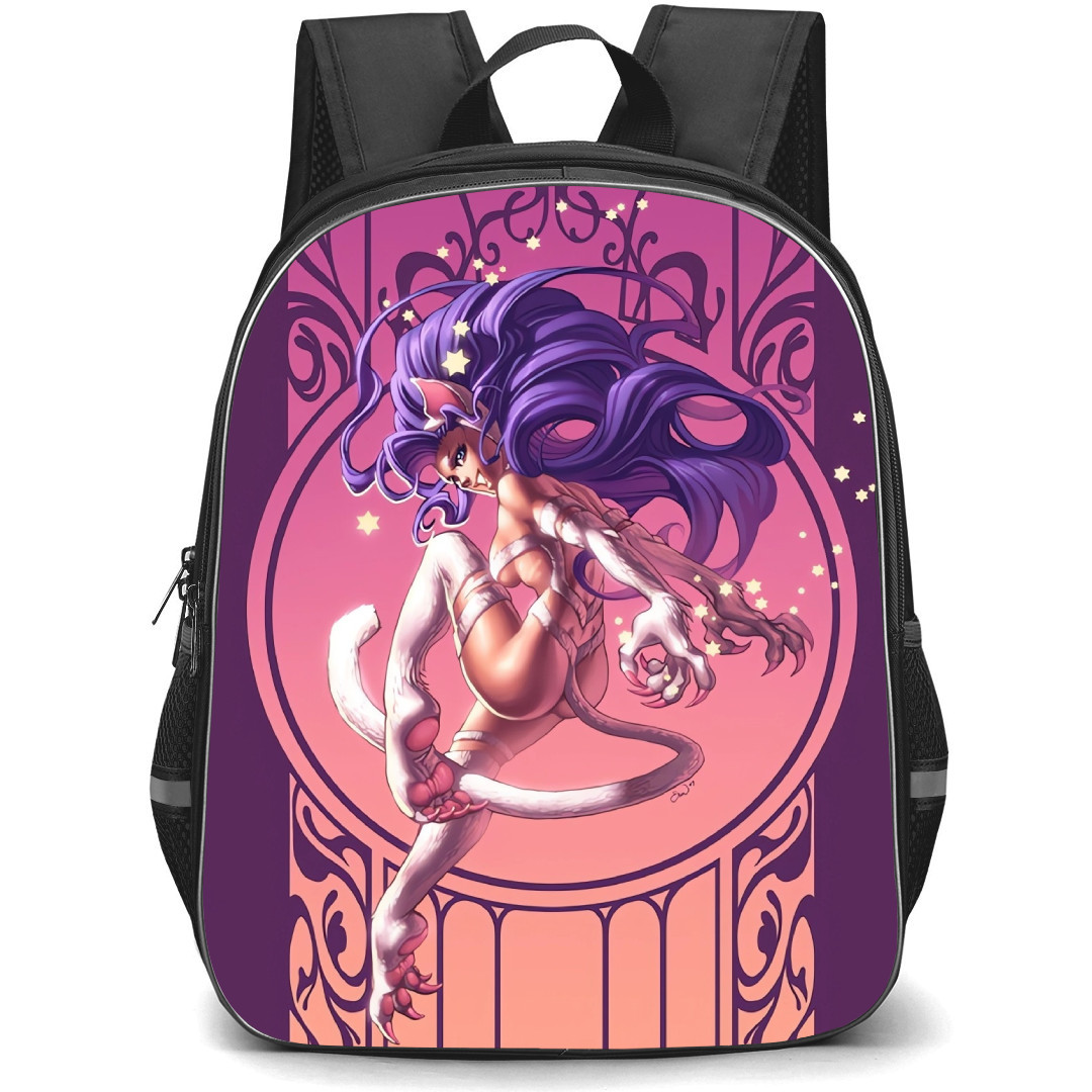 Darkstalkers Felicia Backpack StudentPack - Felicia Side Pose Curve Purple Gate Background