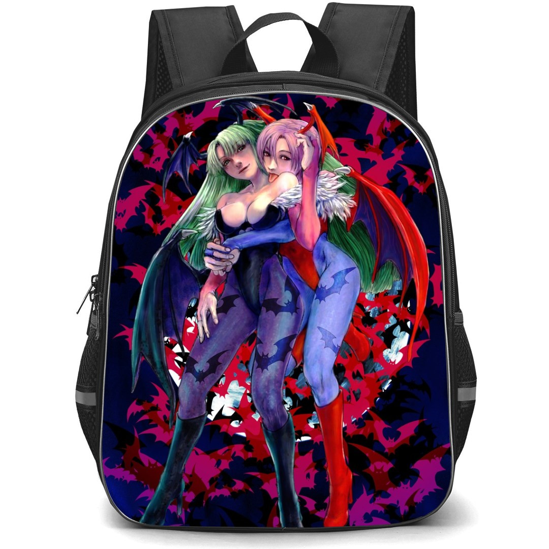 Darkstalkers Morrigan Backpack StudentPack - Morrigan & Lilith Aensland Back Hugging Bats Bsckgroundt