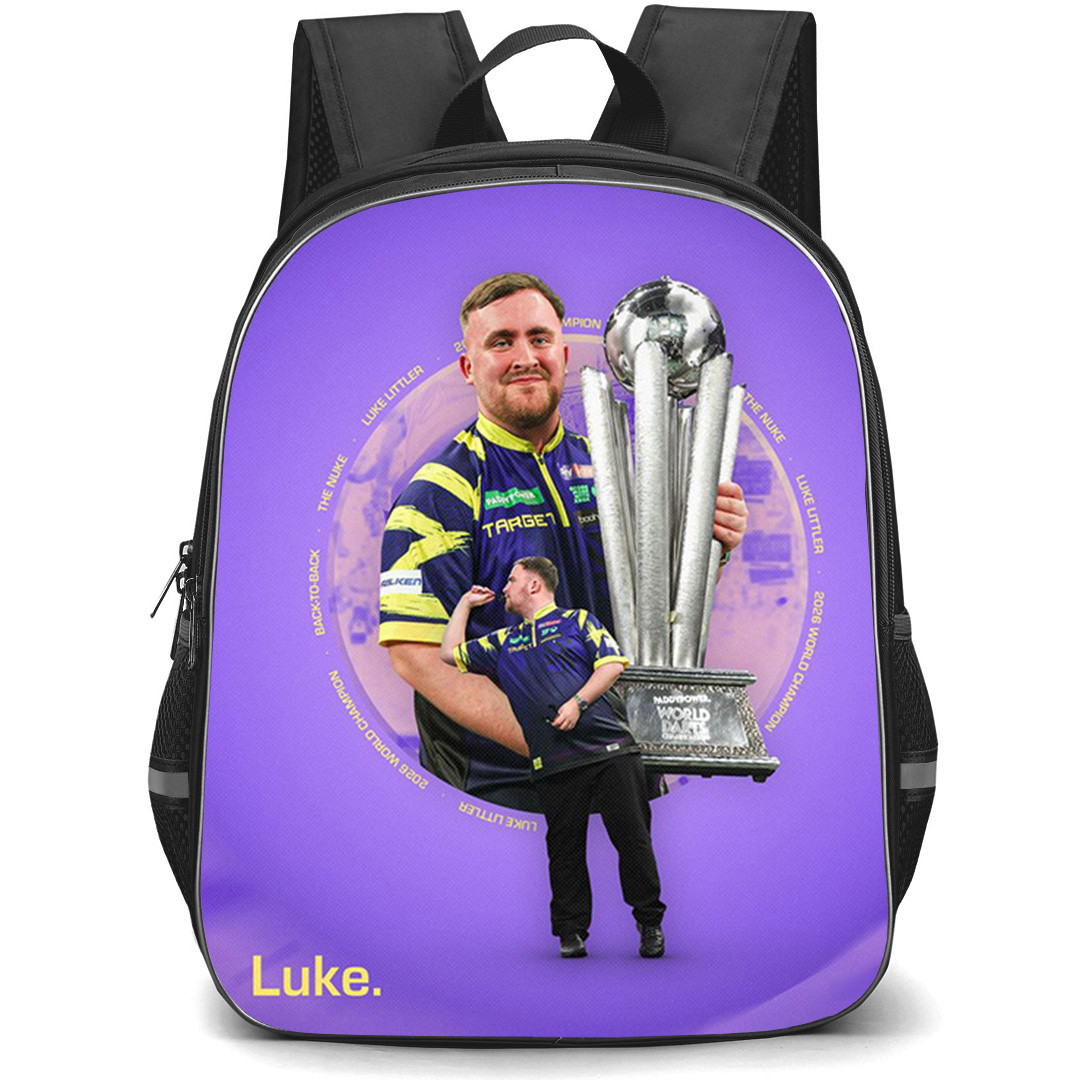 Darts Luke Littler Backpack School Bag StudentPack - Luke Littler Holding Trophy On Purple Background
