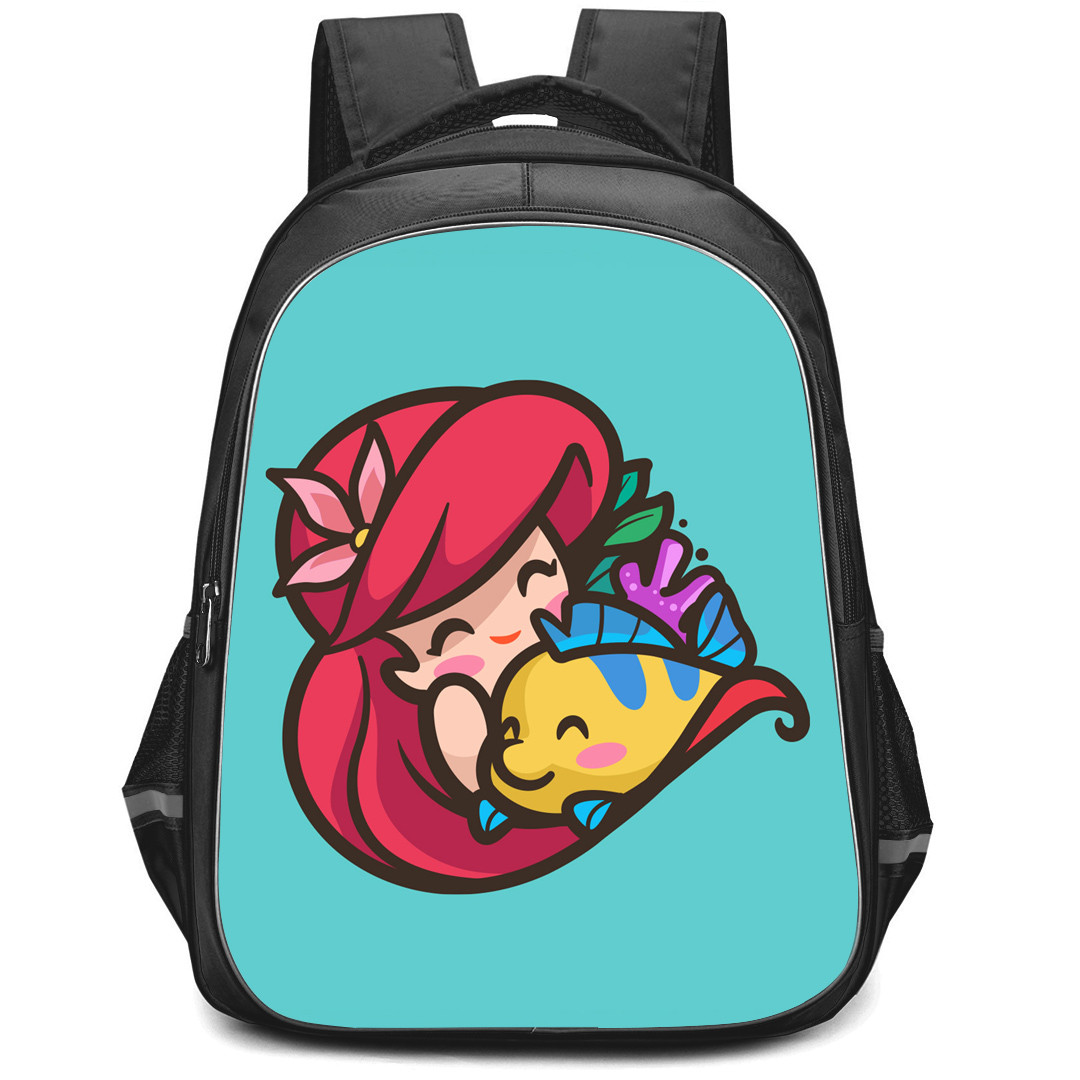 The Little Mermaid Ariel Backpack StudentPack - Ariel Hugging Flounder Chibi Art