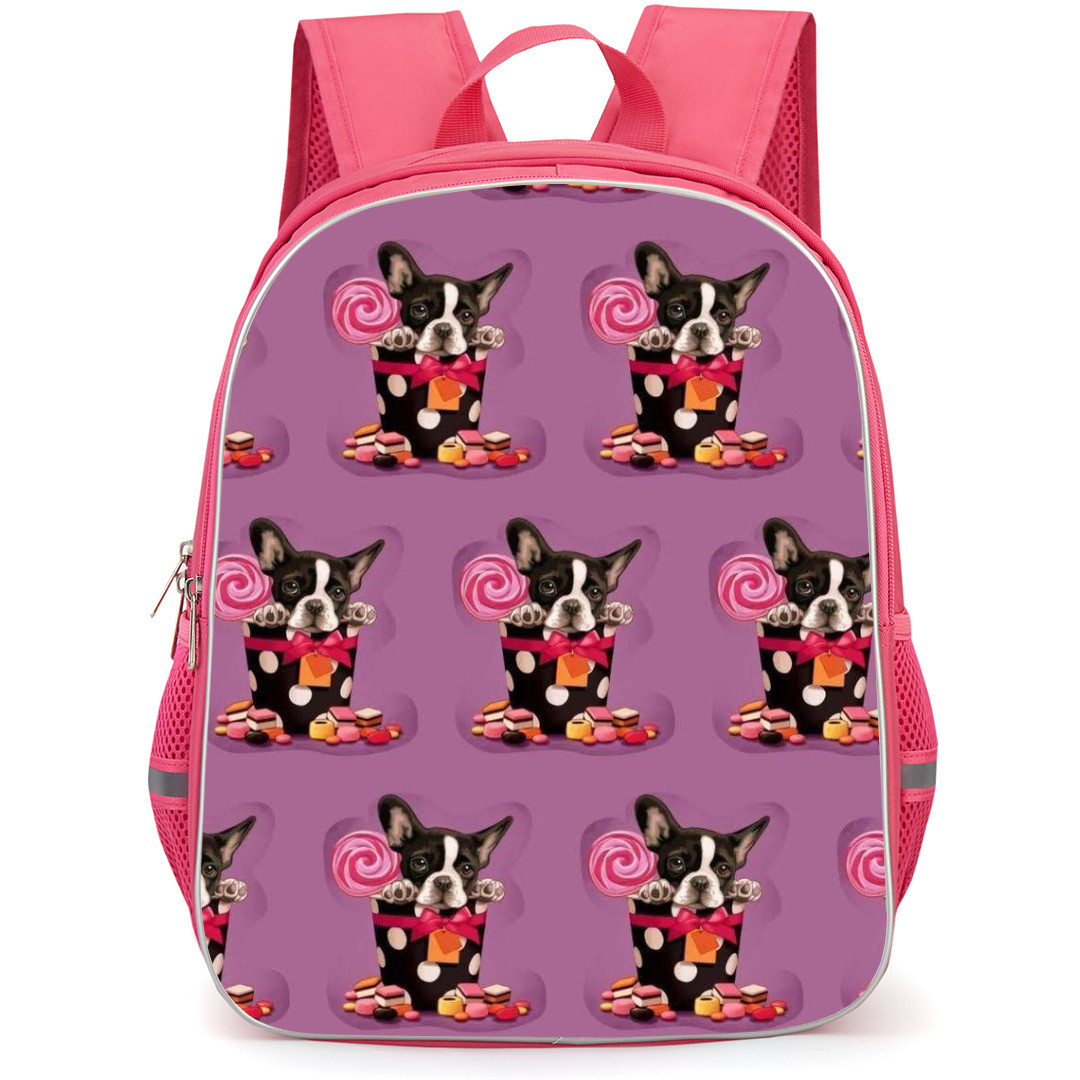 Boston Terrier Dog Backpack StudentPack - Boston Terrier Dog With Candy Pattern Art On Purple Background