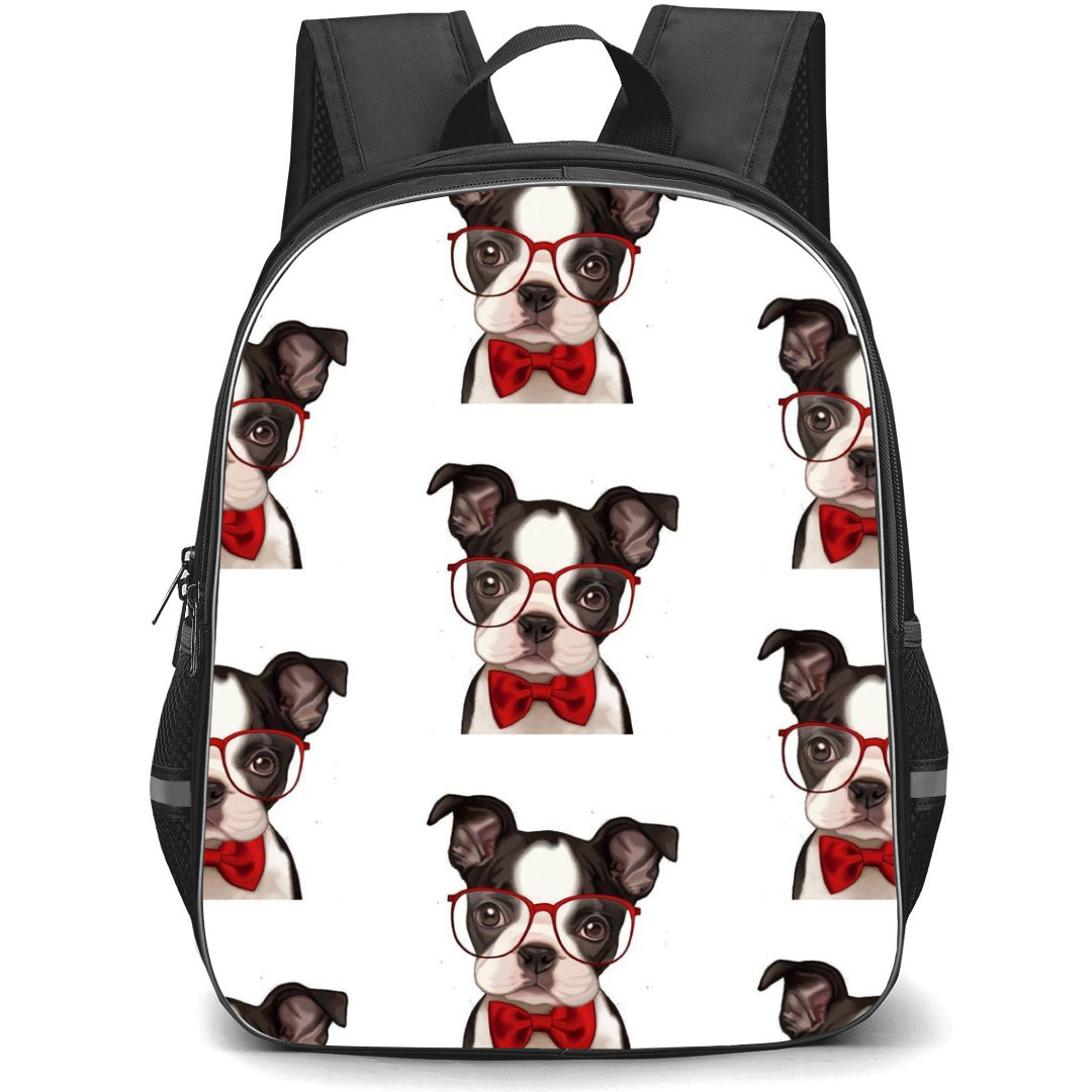 Boston Terrier Dog Backpack StudentPack - Boston Terrier Dog Wearing Eyewear Pattern Art On White Background