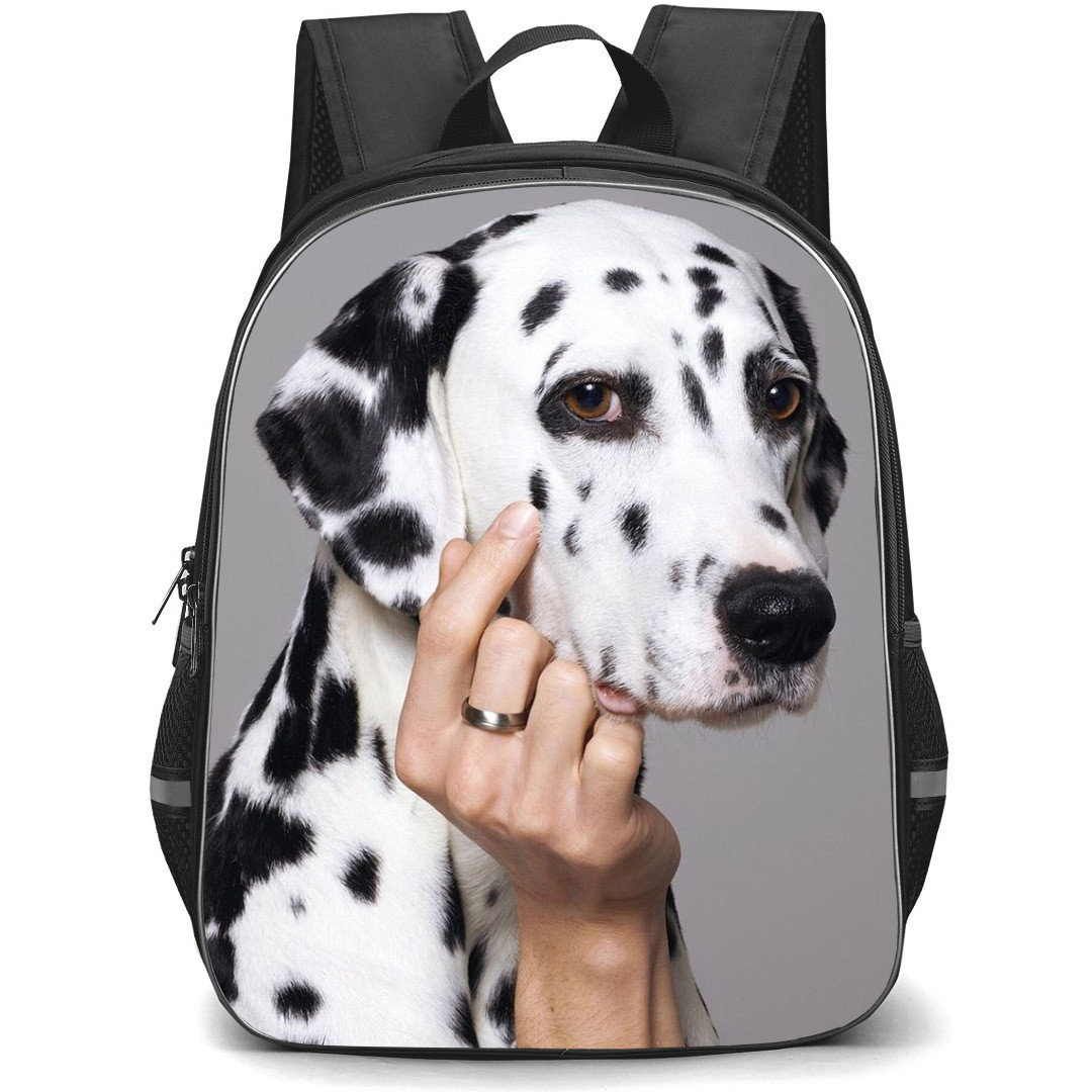 Dalmatian Dog Backpack StudentPack - Dalmatian Dog Put Hand On Cheek On Gray Background