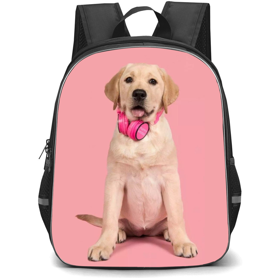 Labrador Retriever Dog Backpack StudentPack - Labrador Retriever Dog With Pink Headphone On Pink Background