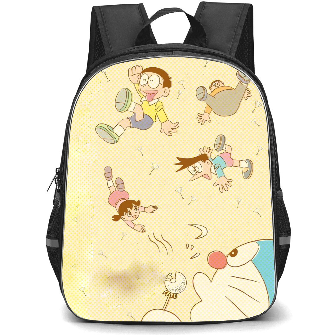 Doraemon School Backpack StudentPack - Characters Falling Yellow Polkadots Background