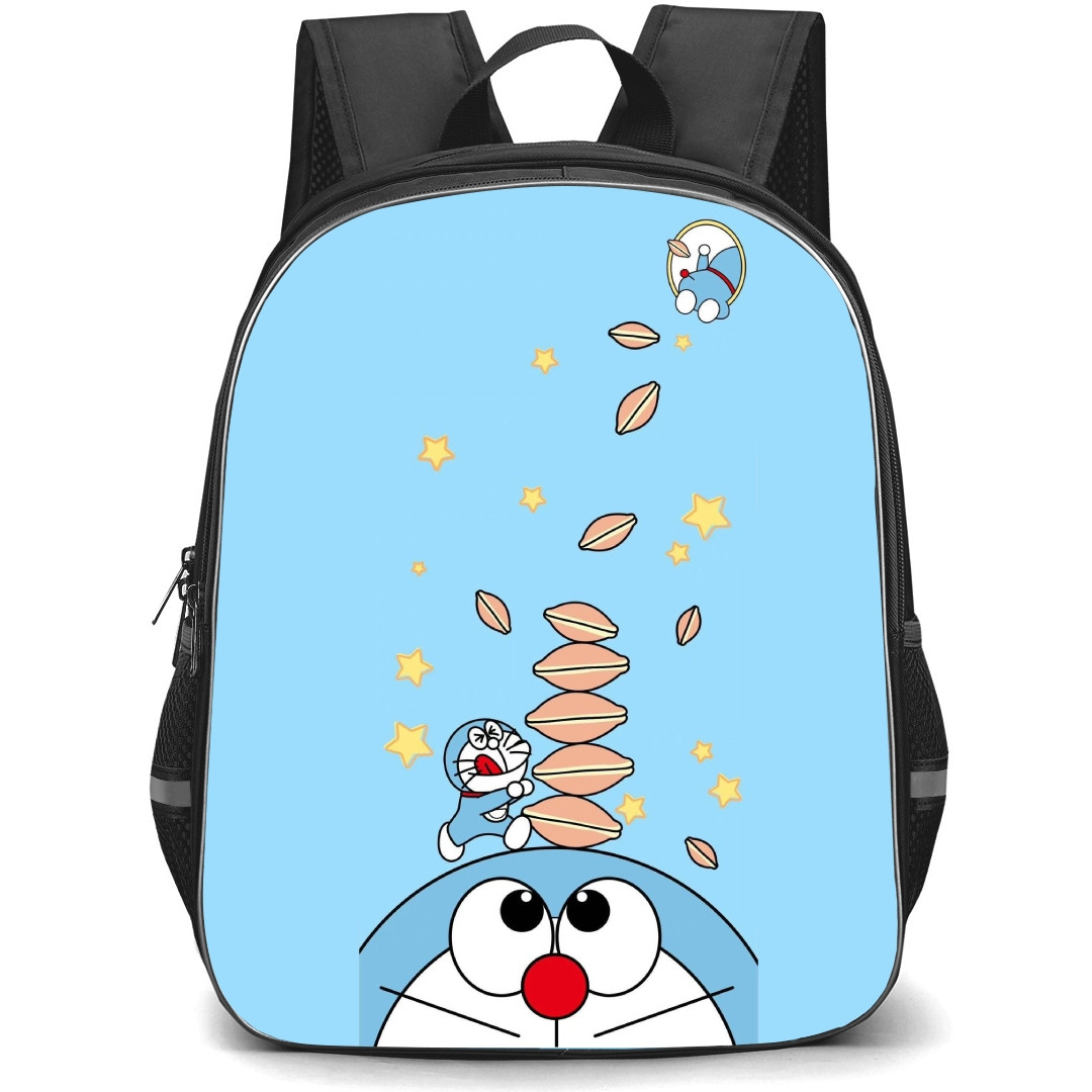 Doraemon School Backpack StudentPack - Doraemon Throwing Nuts Blue Background