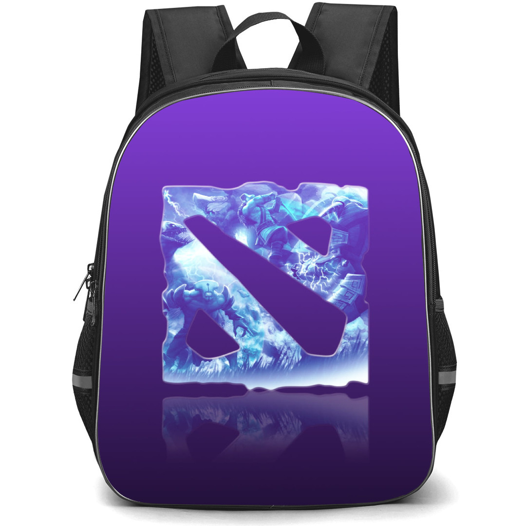 Dota 2 Collage Backpack StudentPack - 3D Logo as Shown Fighters on Purple Background