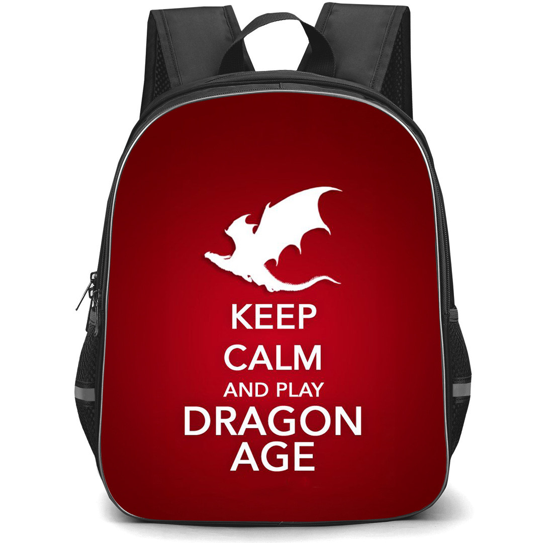 Dragon Age Backpack School Bag StudentPack - Dragon Age Keep Calm And Play Dragon Age Red Background Poster