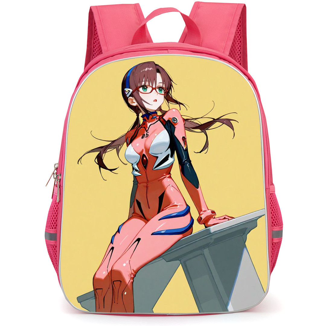 Neon Genesis Evangelion Mari Makinami Backpack StudentPack - Mari Makinami Wear Costume And Sitting On Yellow Background