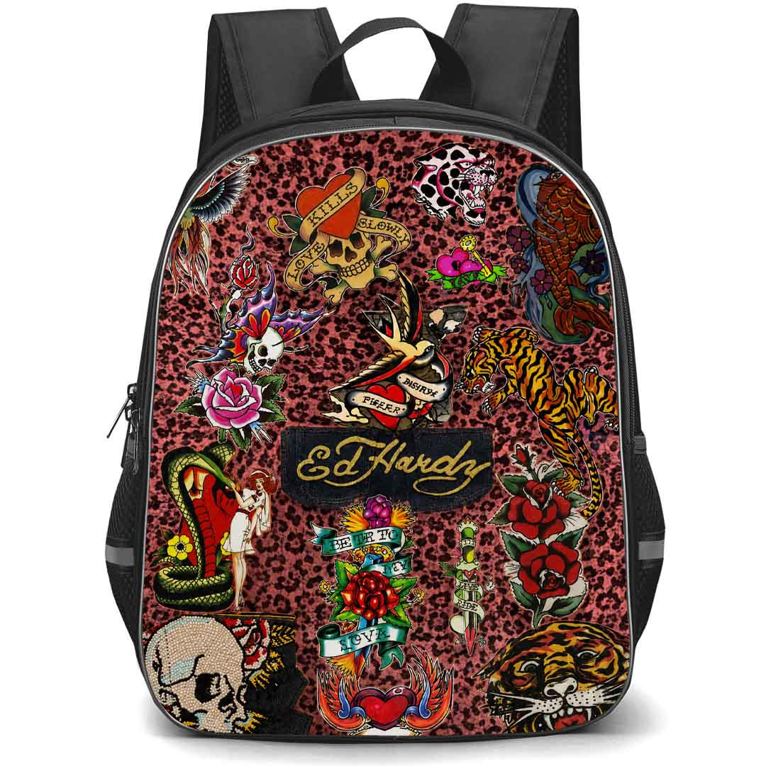 Ed Hardy Backpack School Bag StudentPack - Ed Hardy Leopard Tattoo Sticker Collage Poster