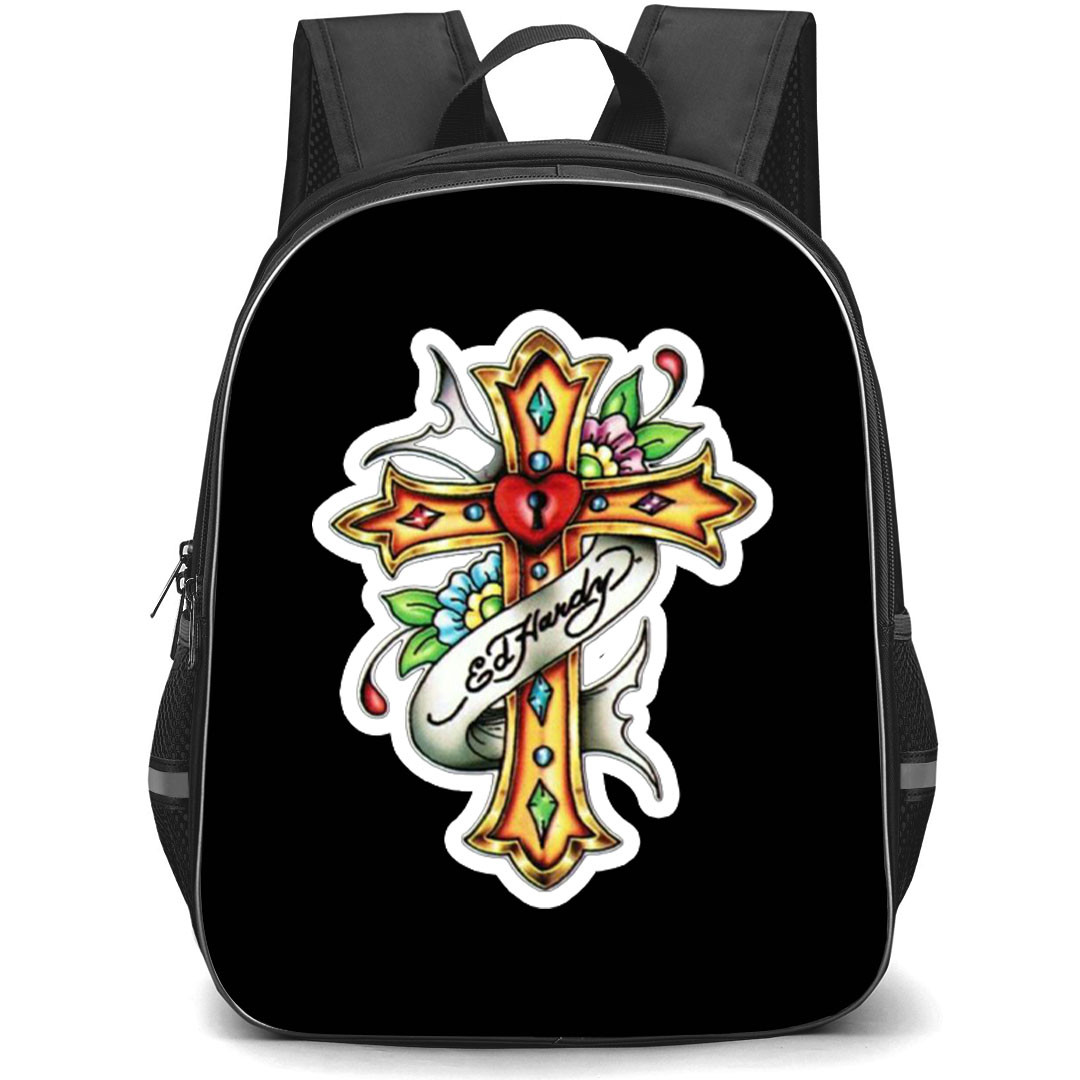 Ed Hardy Backpack School Bag StudentPack - Ed Hardy Minimal Gothic Cross Art Sticker