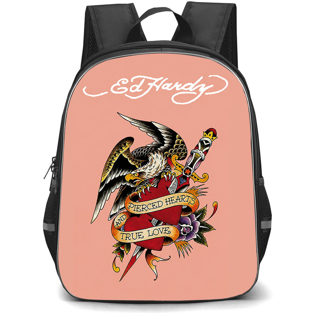 Ed Hardy Backpack School Bag StudentPack - Ed Hardy Pierced Hearts True Love Tattoo On Pink Background