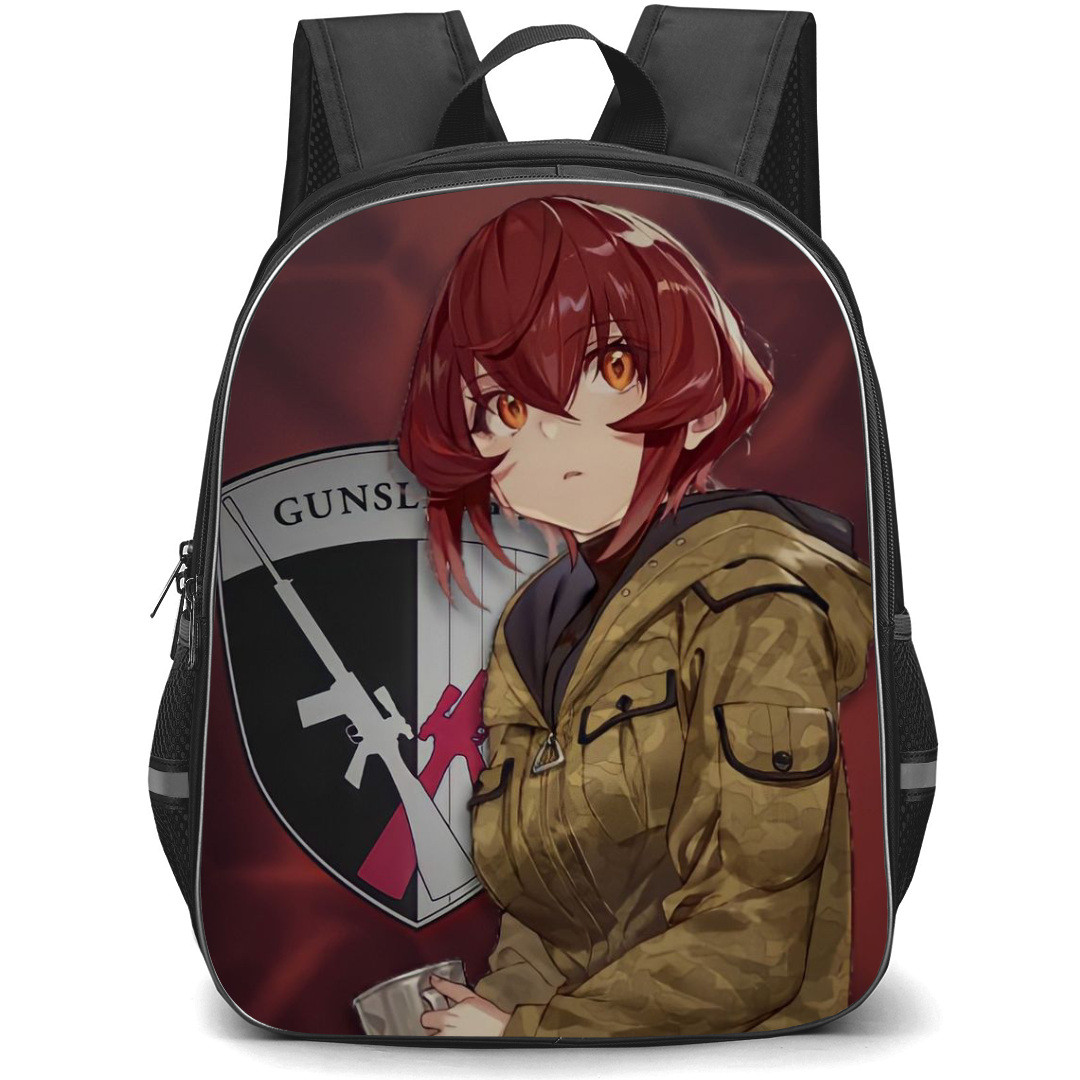 86 Eighty Six Kurena Kukumila Backpack StudentPack - Kurena Kukumila Sitting With Coffee Mug On Gunslinger Logo