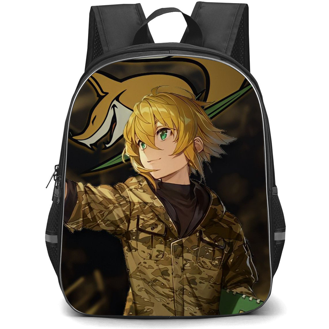 86 Eighty Six Theoto Rikka Backpack StudentPack - Theoto Rikka Standing On Laughing Fox Logo Background