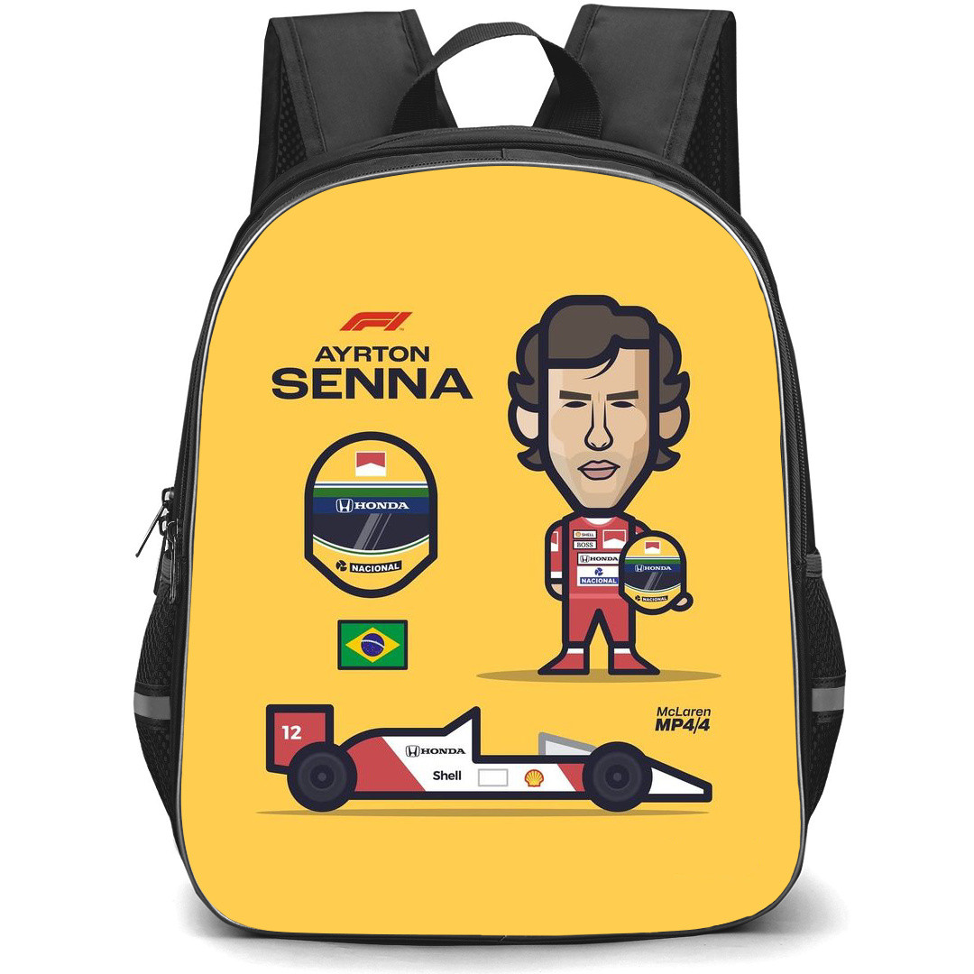 F1 Formula One Ayrton Senna Backpack StudentPack - Ayrton Senna Chibi Art On Yellow Background