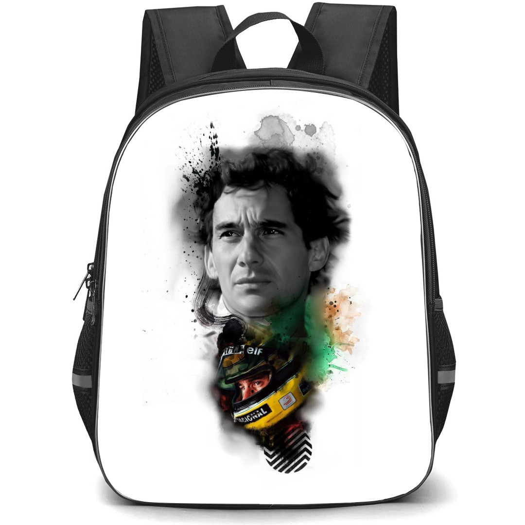 F1 Formula One Ayrton Senna Backpack StudentPack - Ayrton Senna Grayscale Portrait With Colored Image On White Background
