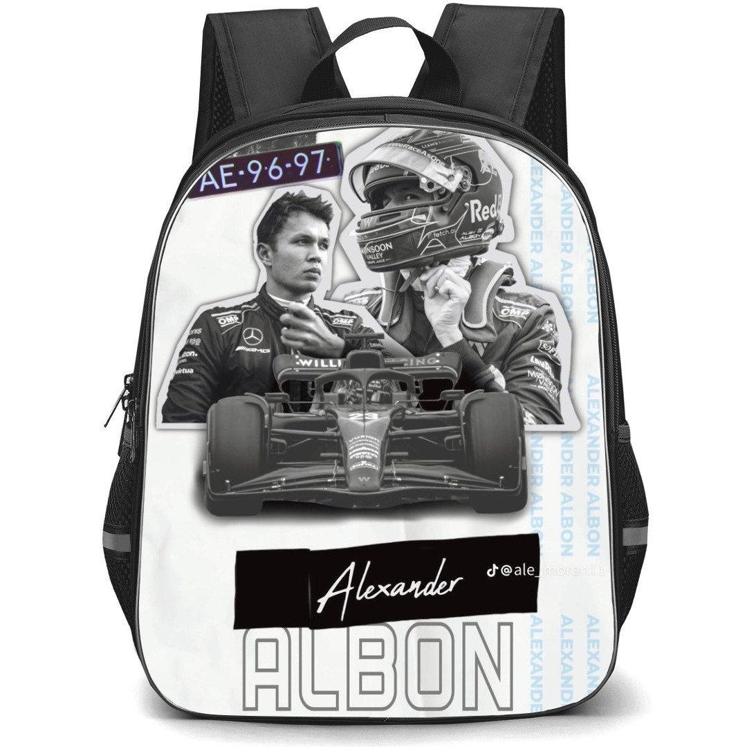 F1 Formula One Alexander Albon Backpack StudentPack - Vintage Grayscale Collage