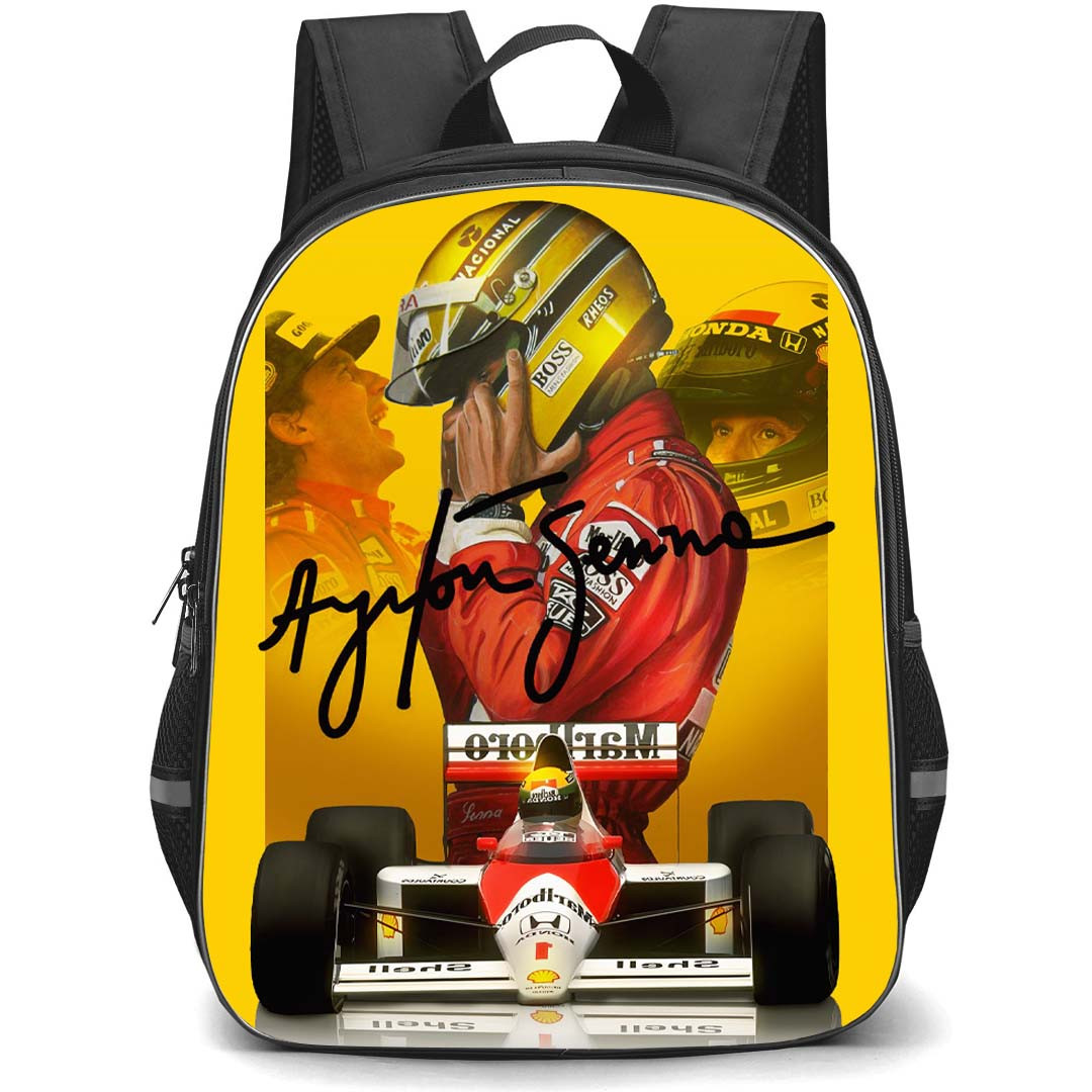 F1 Formula One Ayrton Senna Backpack StudentPack - Ayrton Senna Side Portrait Yellow Background