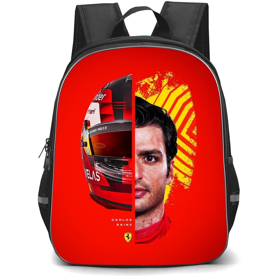 F1 Formula One Carlos Sainz Backpack StudentPack - Carlos Sainz Half Face Essere Ferrari Poster Red Background