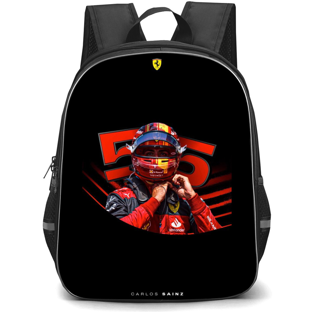 F1 Formula One Carlos Sainz Backpack StudentPack - Wearing Helmet Black Background