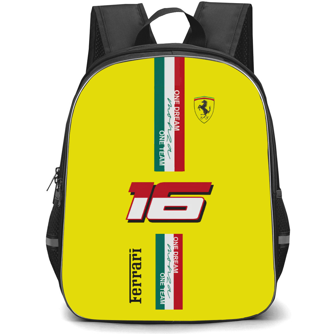 F1 Formula One Charles Leclerc Backpack StudentPack - Charles Leclerc 16 Ferrari One Dream One Team Sticker On Yellow Background
