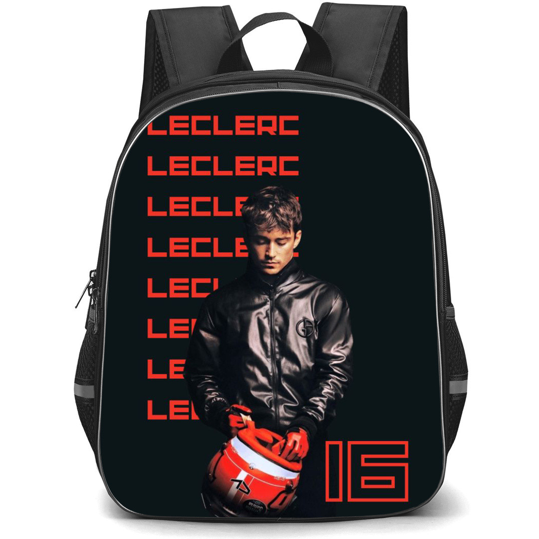 F1 Formula One Charles Leclerc Backpack StudentPack - Charles Leclerc 16 Standing On Word Art Black Background And Holding Helmet