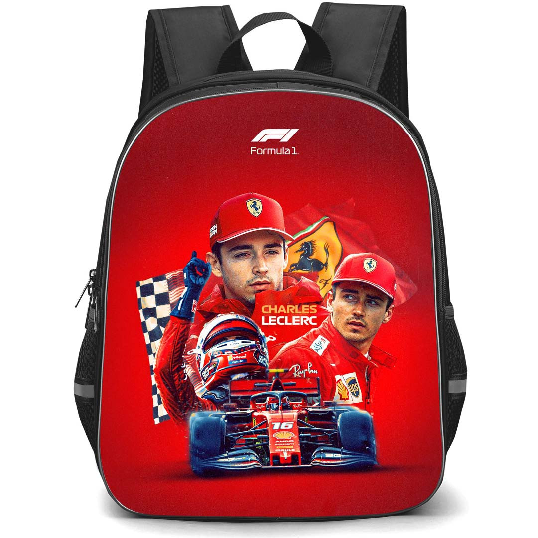F1 Formula One Charles Leclerc Backpack StudentPack - Charles Leclerc F1 Season In Ferrari Poster Red Background