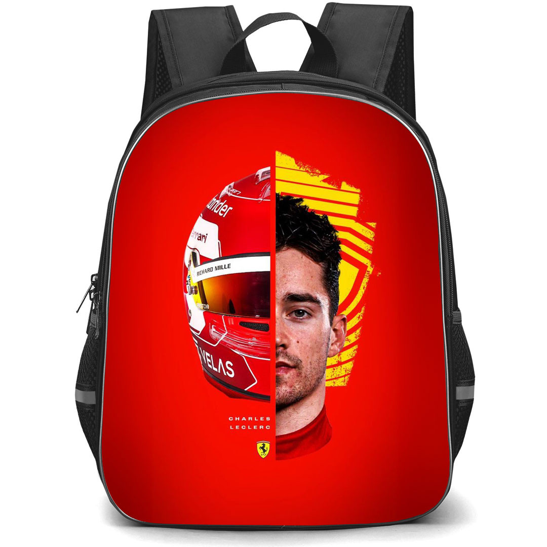 F1 Formula One Charles Leclerc Backpack StudentPack - Charles Leclerc Half Face Essere Ferrari Poster Red Background