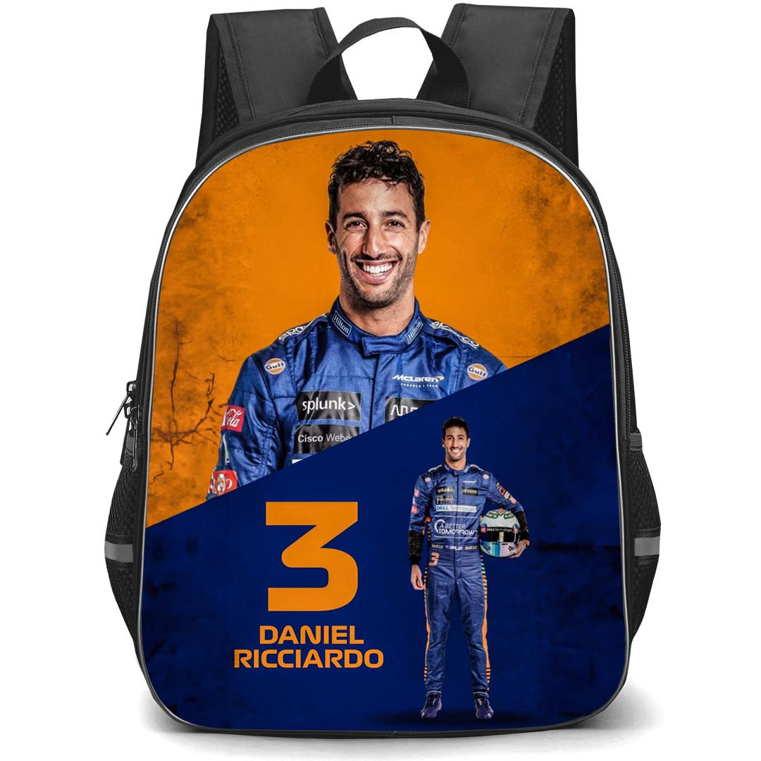 F1 Formula One Daniel Ricciardo Backpack StudentPack - Daniel Ricciardo 3 Smiling On Orange Blue Background