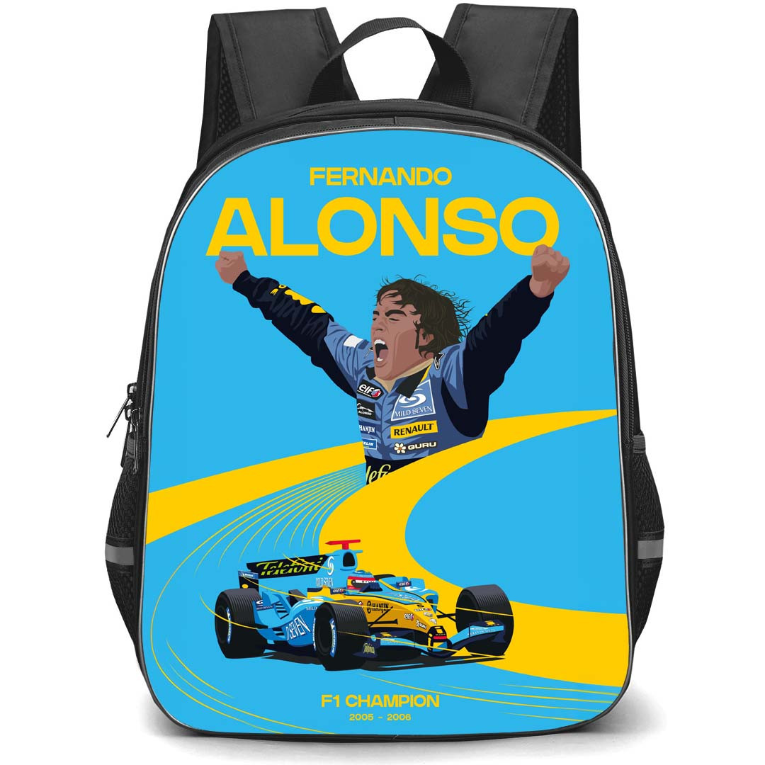 F1 Formula One Fernando Alonso Backpack StudentPack - Fernando Alonso F1 Champion 2005-06 Vector Illustration