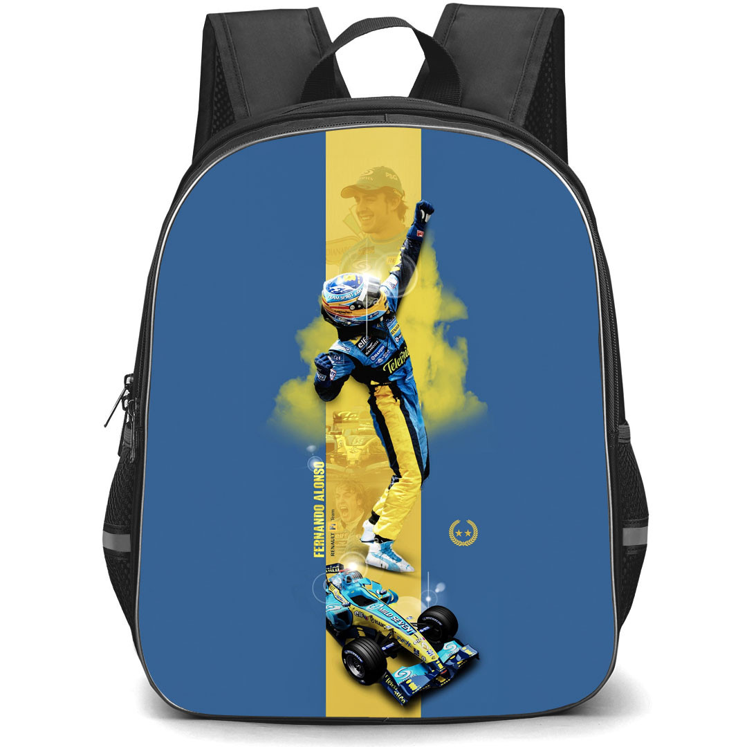 F1 Formula One Fernando Alonso Backpack StudentPack - Fernando Alonso Renault F1 Team Celebration On Yellow Stripe