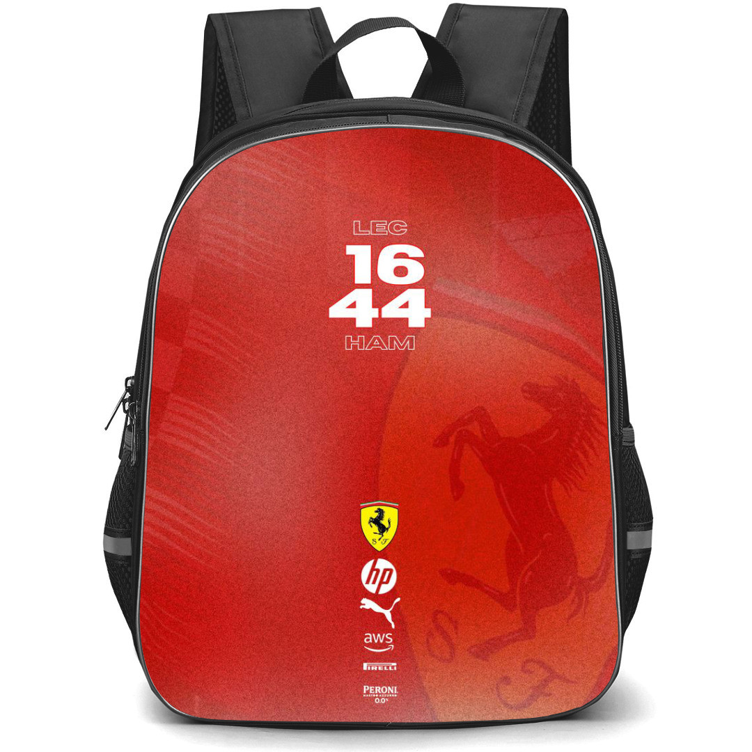 F1 Formula One Ferrari Backpack StudentPack - Ferrari Logo With Leclerc 16 And Hamilton 44 Number Poster