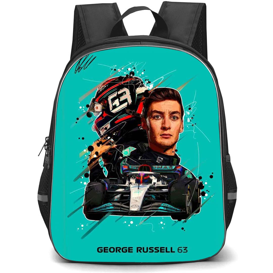 F1 Formula One George Russell Backpack StudentPack - George Russell 63 Illustration On Cyan Background