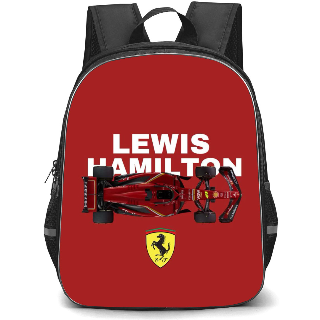F1 Formula One Lewis Hamilton Backpack StudentPack - Lewis Hamilton 44 F1 Ferrari Car Illustration Art On Red Background