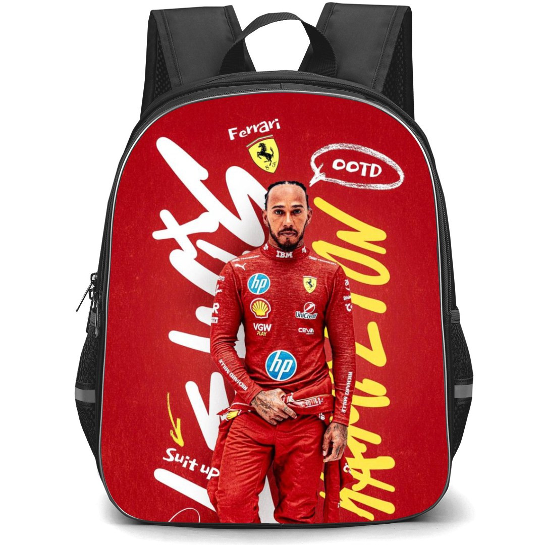 F1 Formula One Lewis Hamilton Backpack StudentPack - Lewis Hamilton 44 Standing In Ferrari Red Poster