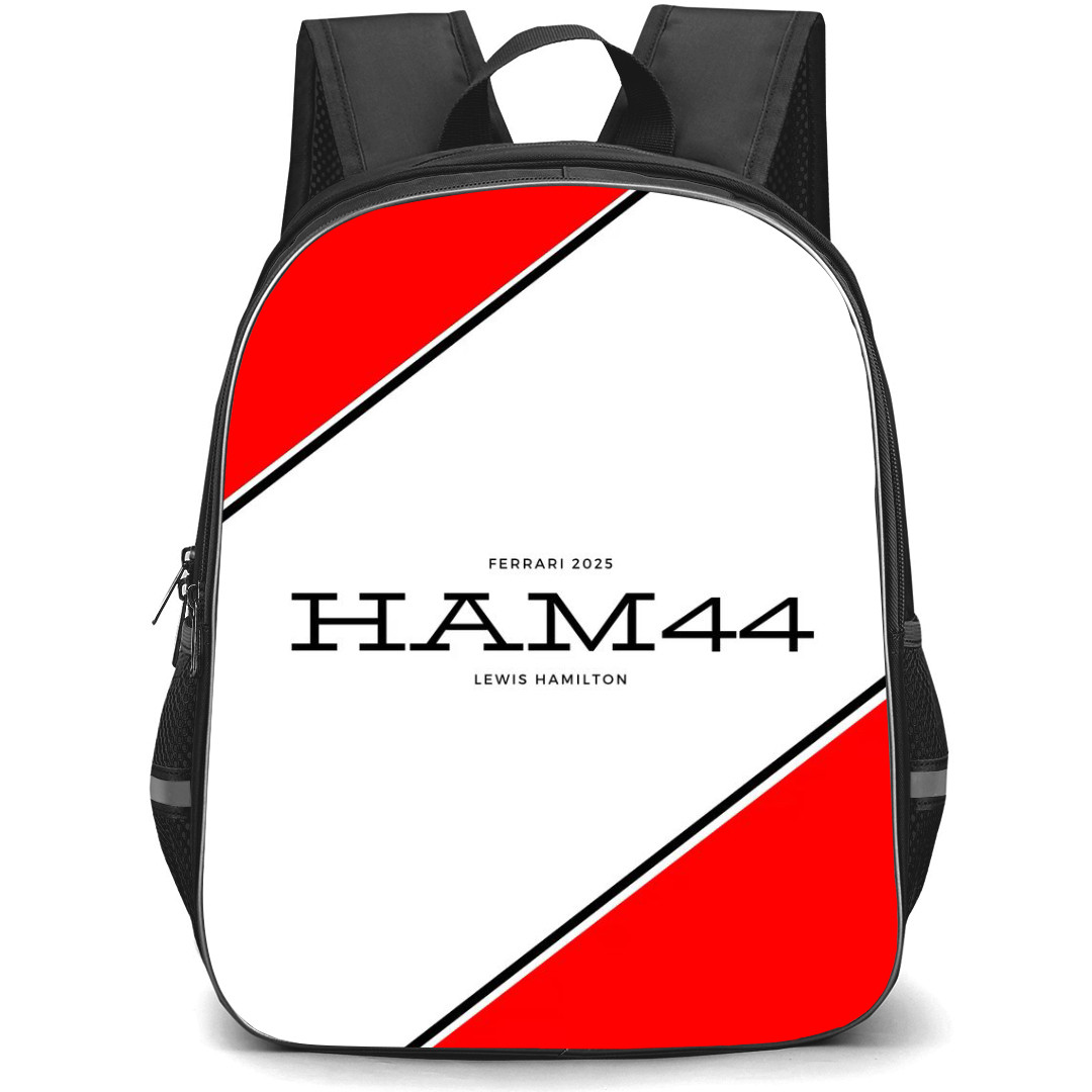 F1 Formula One Lewis Hamilton Backpack StudentPack - Lewis Hamilton HAM 44 Ferrari 2025 Poster Red And White Background