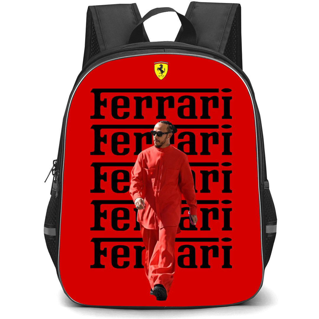 F1 Formula One Lewis Hamilton Backpack StudentPack - Lewis Hamilton Wear Red Costume On Ferrari Word Art Red Background
