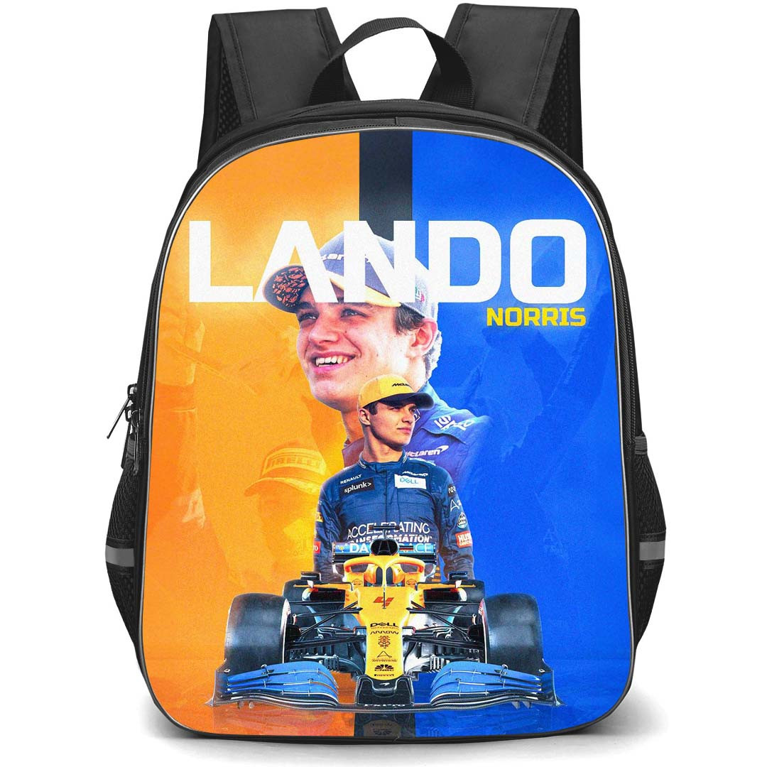 F1 Formula One Lando Norris Backpack StudentPack - Lando Norris Portrait On Orange Blue Background
